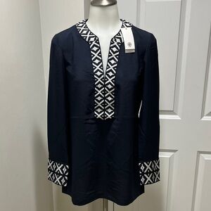 Tory Burch tunic. Navy blue/white. Pretty accent taping at cuff and neck. Sz 2.